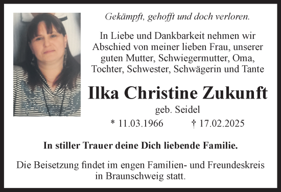 Traueranzeige von Ilka Christine Zukunft 