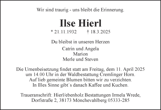 Traueranzeige von Ilse Hierl 