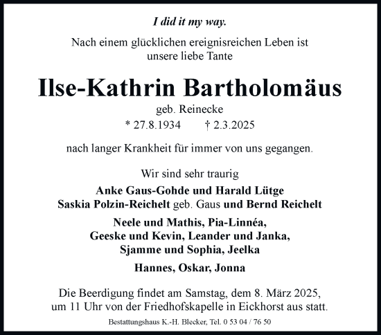 Traueranzeige von Ilse-Kathrin Bartholomäus 