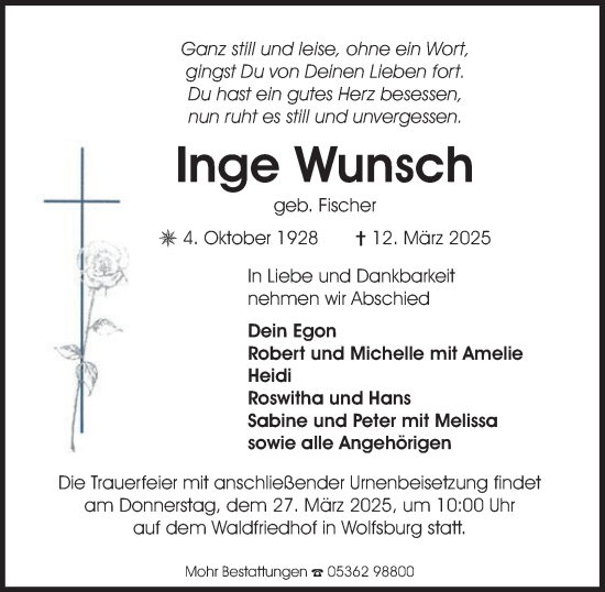 Traueranzeige von Inge Wunsch 
