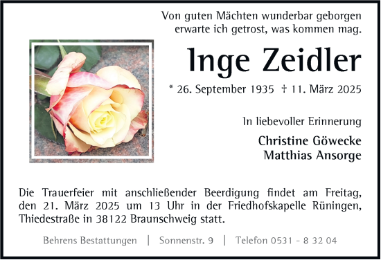 Traueranzeige von Inge Zeidler 