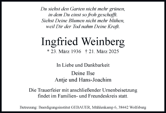 Traueranzeige von Ingfried Weinberg 