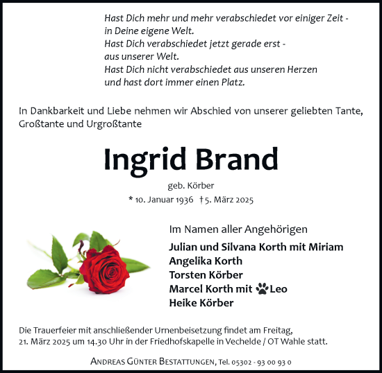 Traueranzeige von Ingrid Brand 
