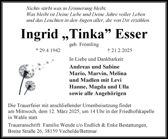 Traueranzeige von Ingrid  Esser 