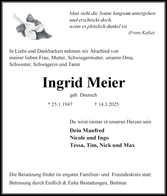 Traueranzeige von Ingrid Meier von Peiner Nachrichten