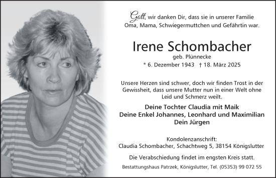 Traueranzeige von Irene Schombacher 