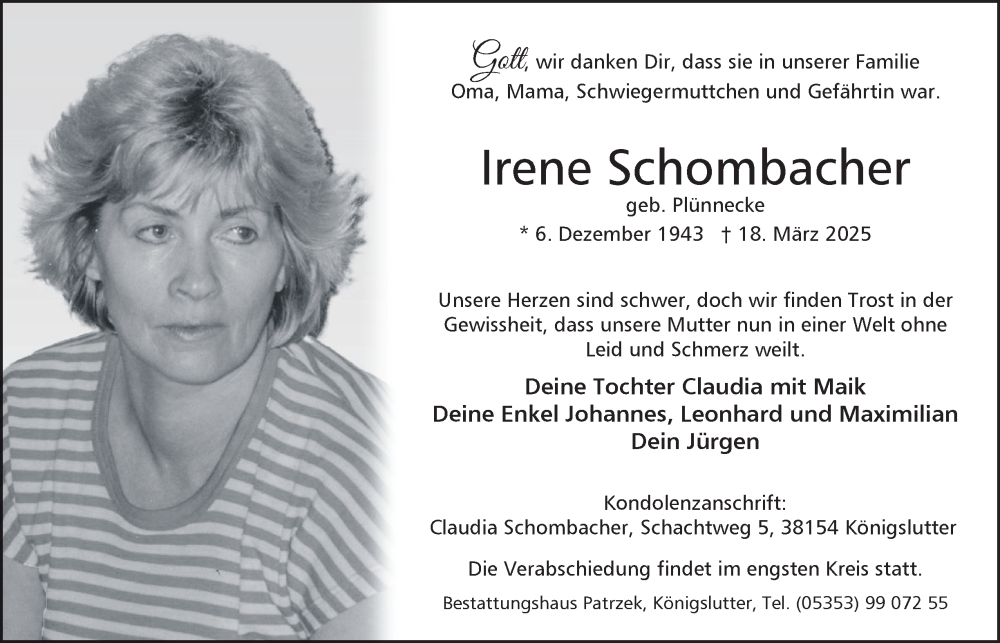  Traueranzeige für Irene Schombacher vom 22.03.2025 aus 