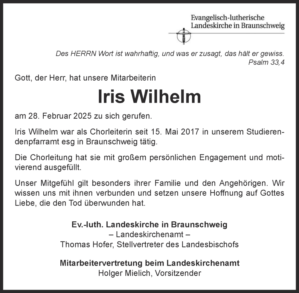  Traueranzeige für Iris Wilhelm vom 13.03.2025 aus 