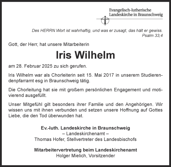 Traueranzeige von Iris Wilhelm 