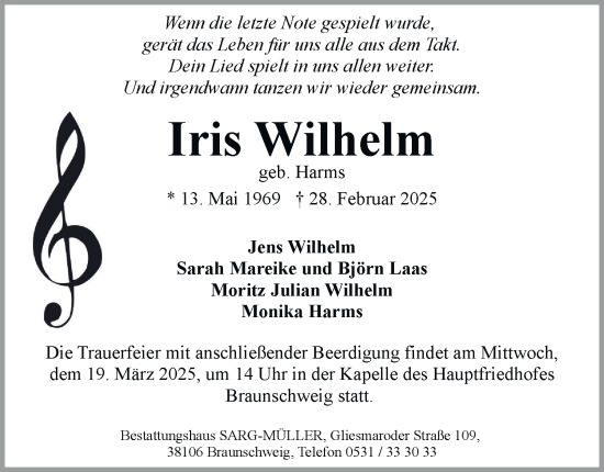 Traueranzeige von Iris Wilhelm 