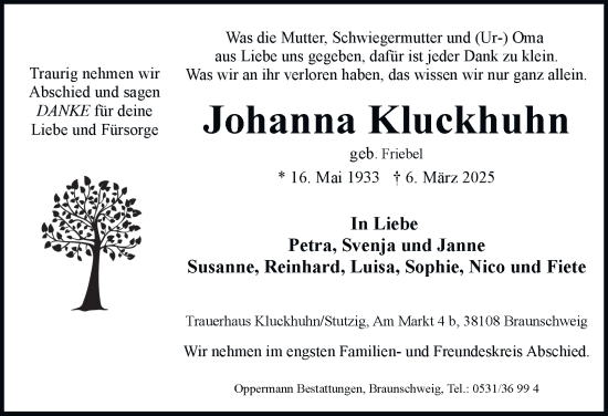 Traueranzeige von Johanna Kluckhuhn 