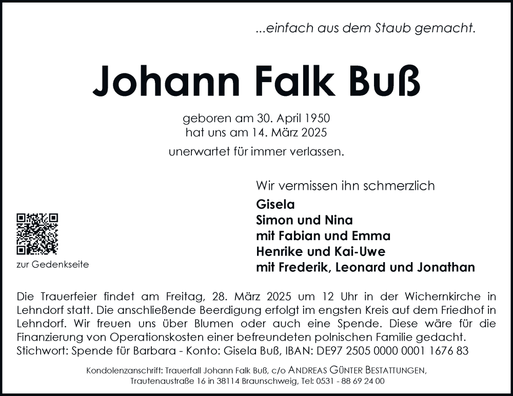  Traueranzeige für Johann Falk Buß vom 22.03.2025 aus 
