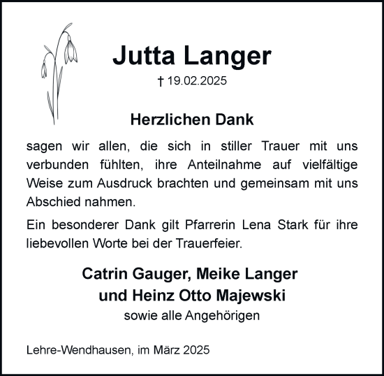 Traueranzeige von Jutta Langer von Helmstedter Nachrichten