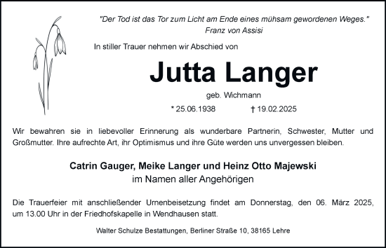 Traueranzeige von Jutta Langer von Helmstedter Nachrichten