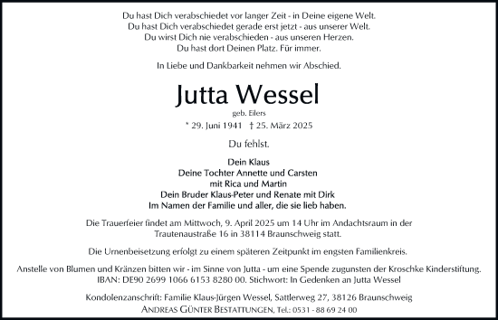 Traueranzeige von Jutta Wessel 