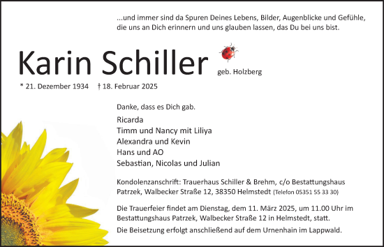 Traueranzeige von Karin Schiller von Helmstedter Nachrichten