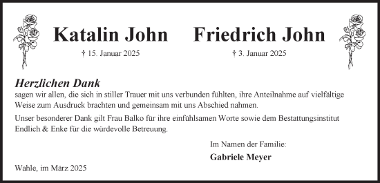 Traueranzeige von Katalin John von Peiner Nachrichten