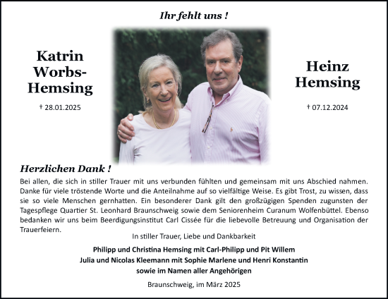 Traueranzeige von Katrin und Heinz Worbs-Hemsing und Hemsing 