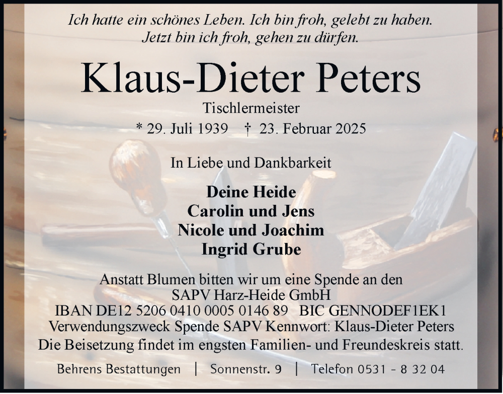  Traueranzeige für Klaus-Dieter Peters vom 01.03.2025 aus 