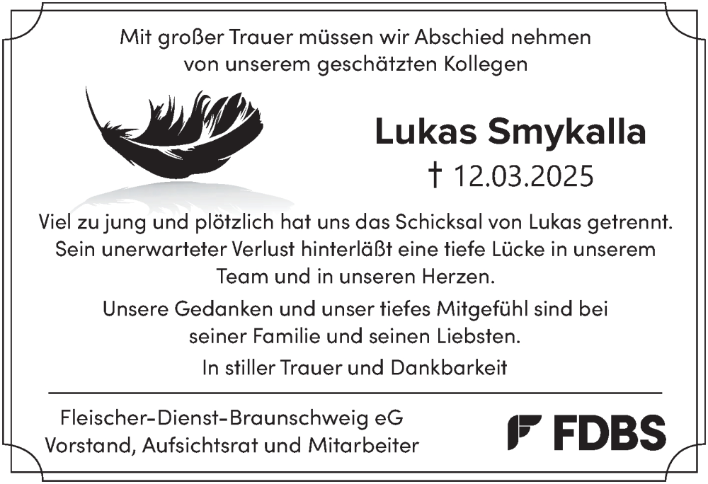  Traueranzeige für Lukas Smykalla vom 29.03.2025 aus 