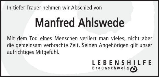 Traueranzeige von Manfred Ahlswede 