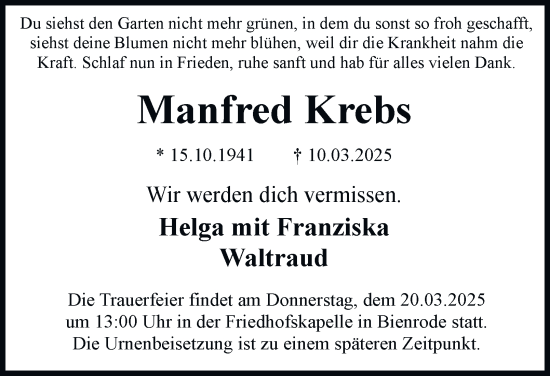 Traueranzeige von Manfred Krebs 