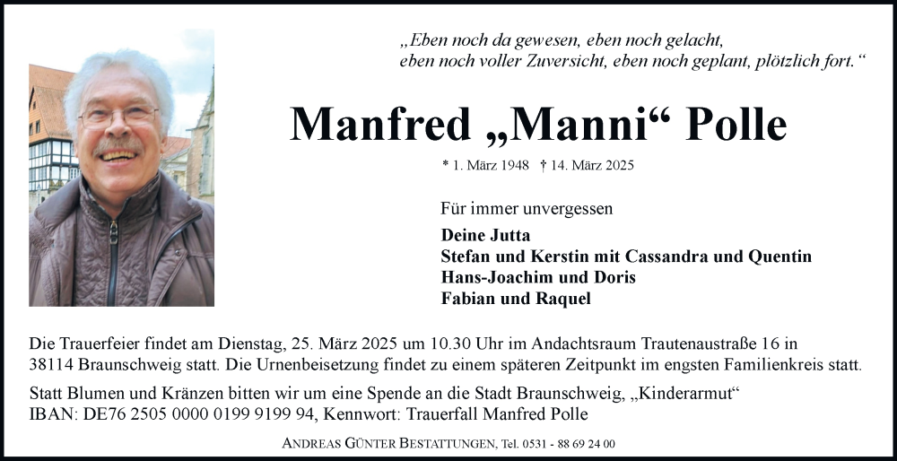  Traueranzeige für Manfred Polle vom 22.03.2025 aus 