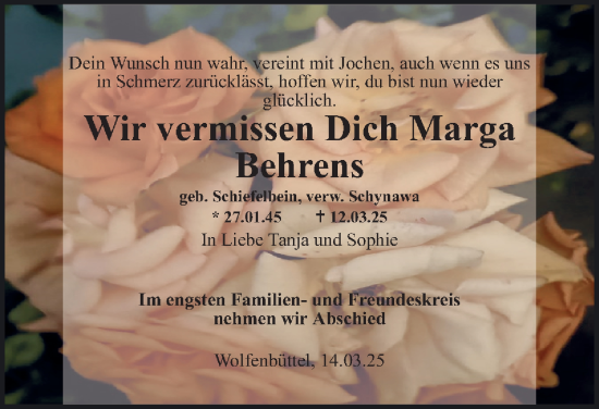 Traueranzeige von Marga Behrens 
