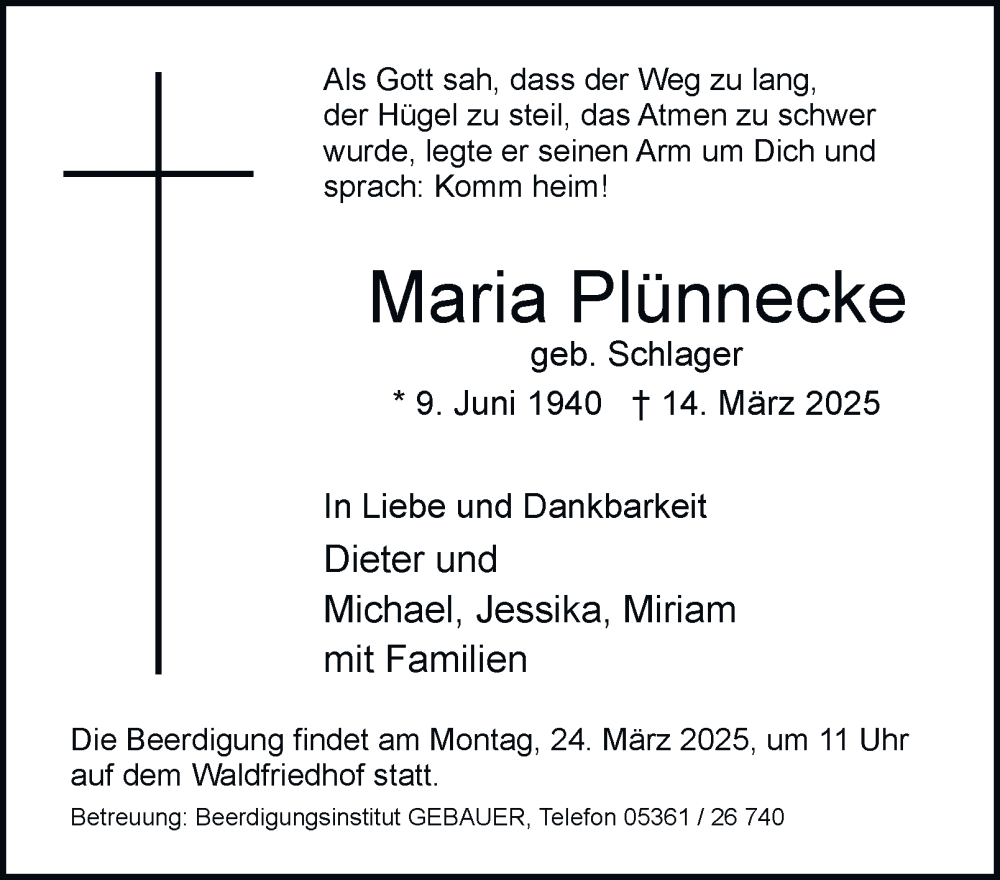  Traueranzeige für Maria Plünnecke vom 22.03.2025 aus 