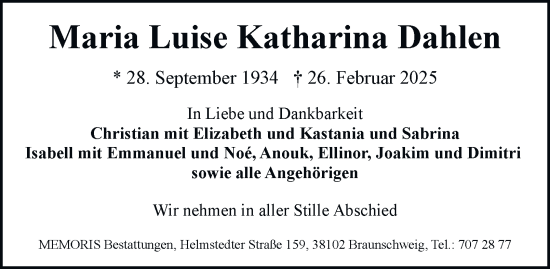 Traueranzeige von Maria Luise Katharina Dahlen 