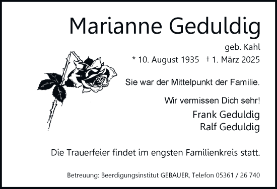 Traueranzeige von Marianne Geduldig 