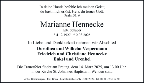 Traueranzeige von Marianne Hennecke 