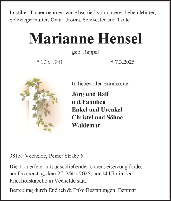 Traueranzeige von Marianne Hensel von Peiner Nachrichten
