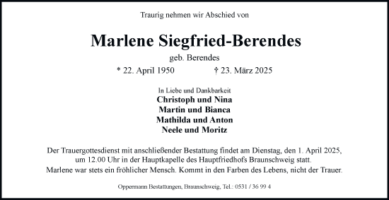 Traueranzeige von Marlene Siegfried-Berendes 