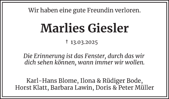 Traueranzeige von Marlies Giesler 