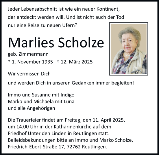Traueranzeige von Marlies Scholze 