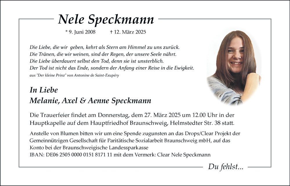  Traueranzeige für Nele Speckmann vom 22.03.2025 aus 