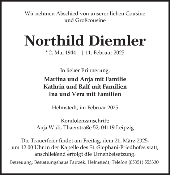 Traueranzeige von Northild Diemler von Helmstedter Nachrichten