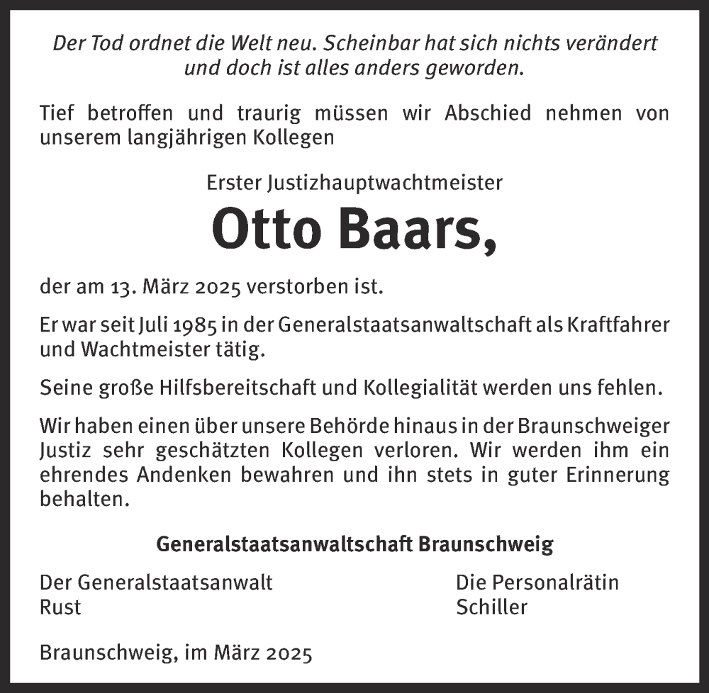  Traueranzeige für Otto Baars vom 25.03.2025 aus 