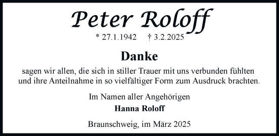 Traueranzeige von Peter Roloff von Braunschweiger Zeitung