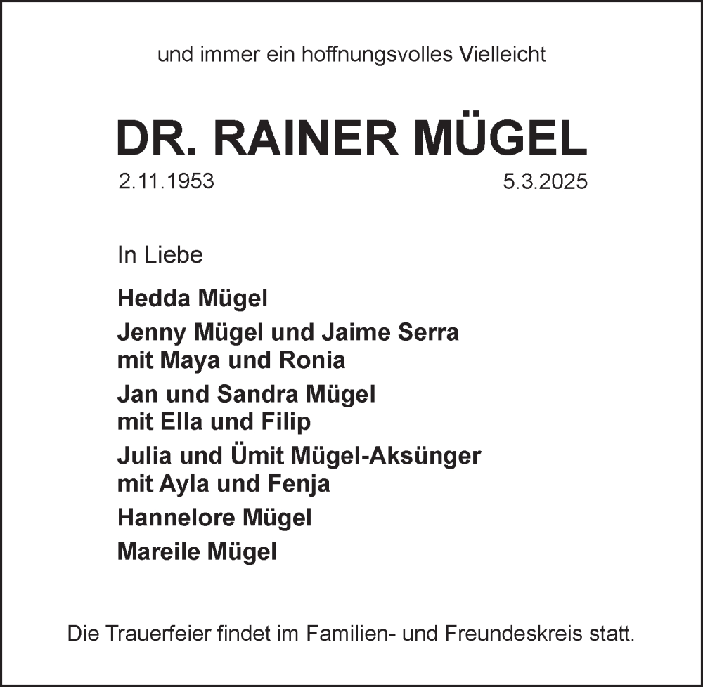  Traueranzeige für Rainer Mügel vom 15.03.2025 aus 