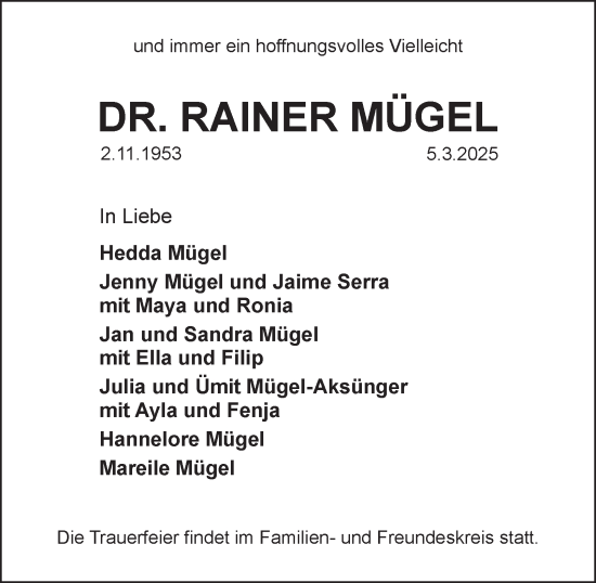 Traueranzeige von Rainer Mügel 