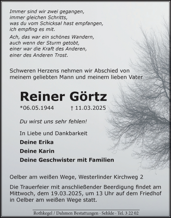 Traueranzeige von Reiner Görtz von Salzgitter-Zeitung