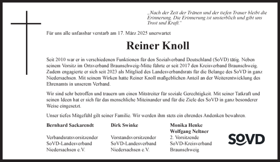Traueranzeige von Reiner Knoll 