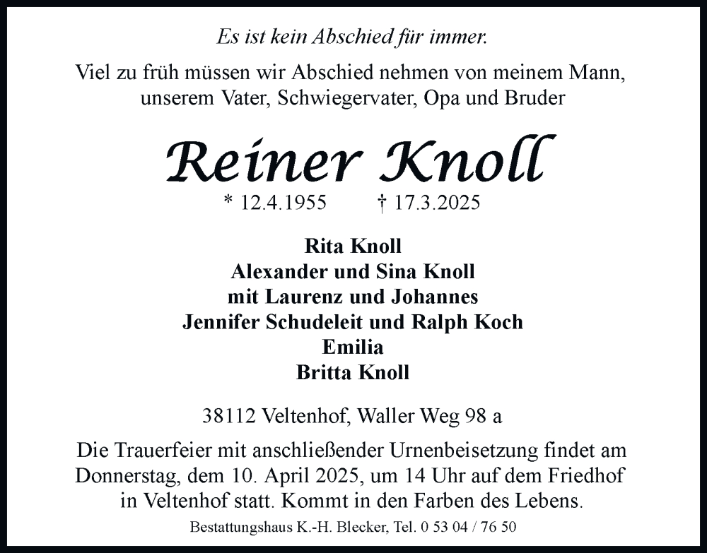  Traueranzeige für Reiner Knoll vom 29.03.2025 aus 
