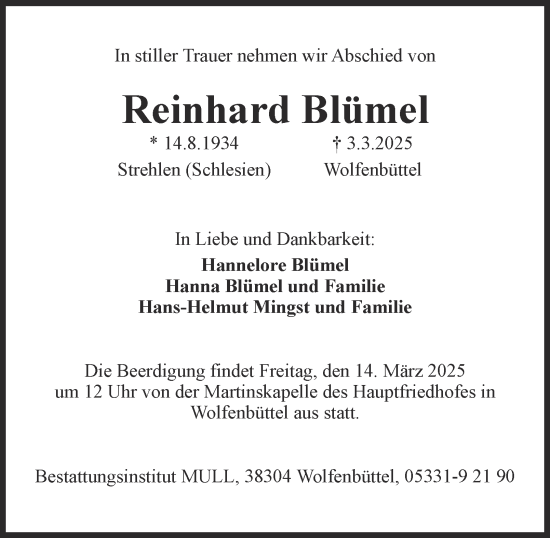 Traueranzeige von Reinhard Blümel von Wolfenbütteler Zeitung