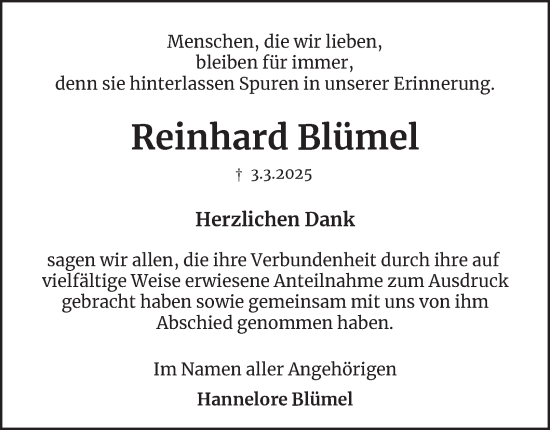 Traueranzeige von Reinhard Blümel von Wolfenbütteler Zeitung
