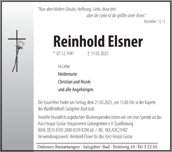 Traueranzeige von Reinhold Elsner von Salzgitter-Zeitung