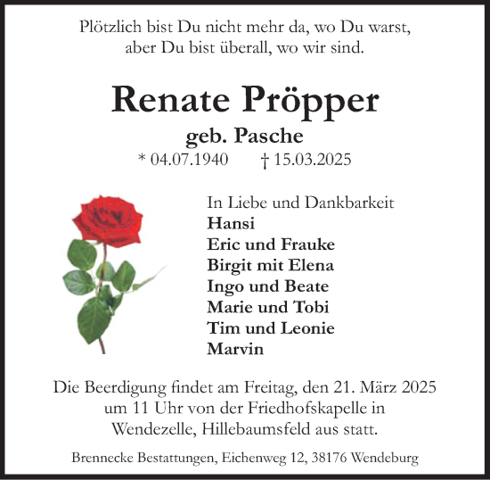 Traueranzeige von Renate Pröpper 