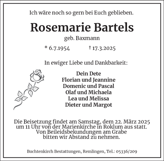 Traueranzeige von Rosemarie Bartels von Wolfenbütteler Zeitung